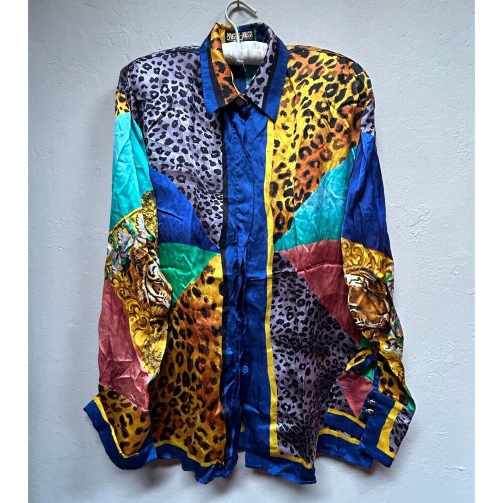 Vintage Marshall Rousso Mixed Animal Print Silk Blouse Top Medium Long Sleeve